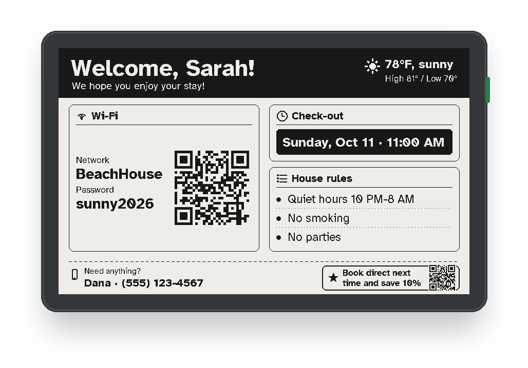 E-ink welcome sign greeting a guest named Sarah, with the Wi-Fi QR code and check-out time